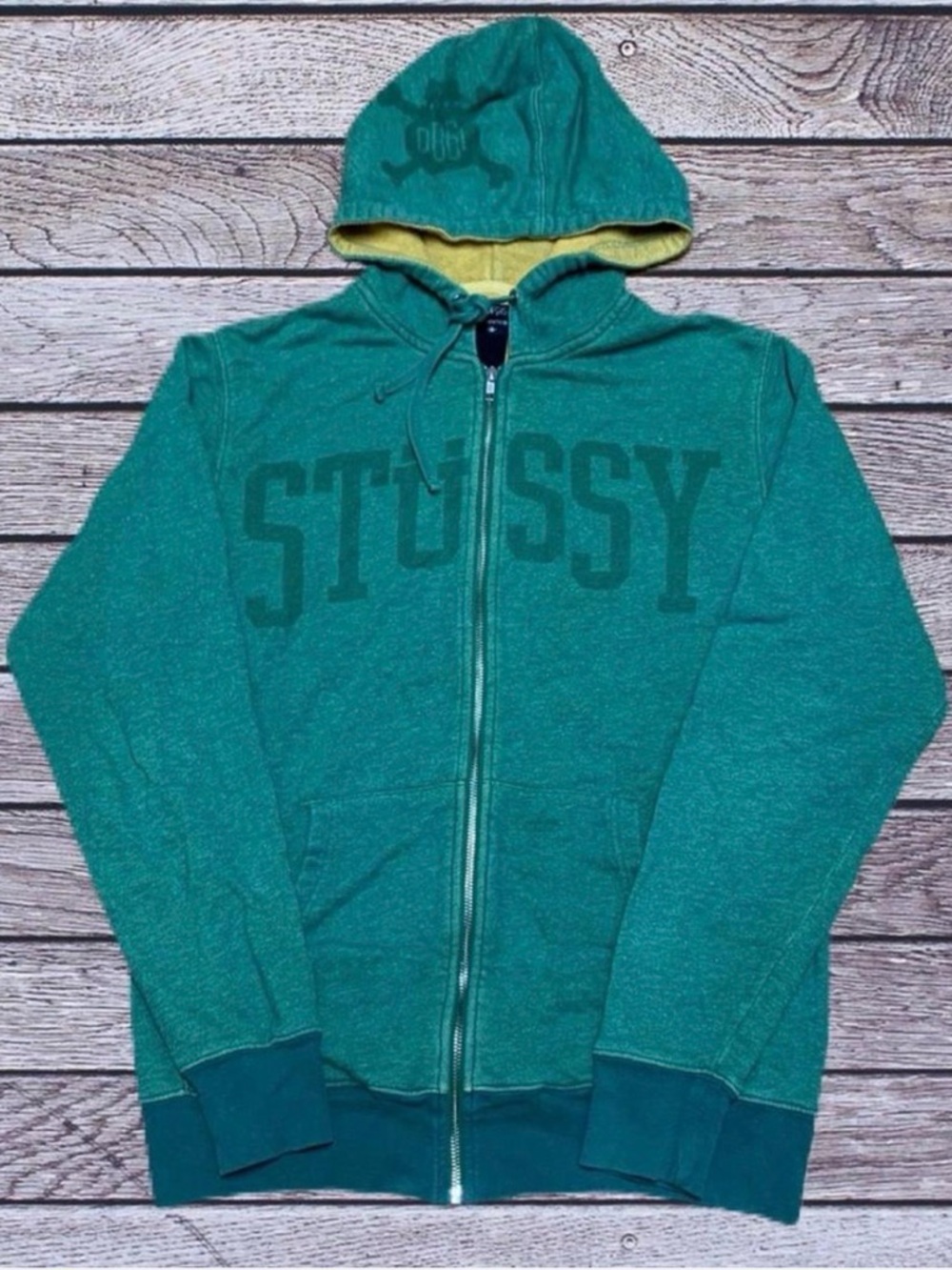 Stussy Teal Zip Hoodie with Yellow Lining